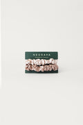 NEOSAVA neutral scrunchie duo designed for effortless daily styling, polished ponytails, soft buns, half-up hairstyles, office days, casual outings, travel, yoga, pilates, and workouts.