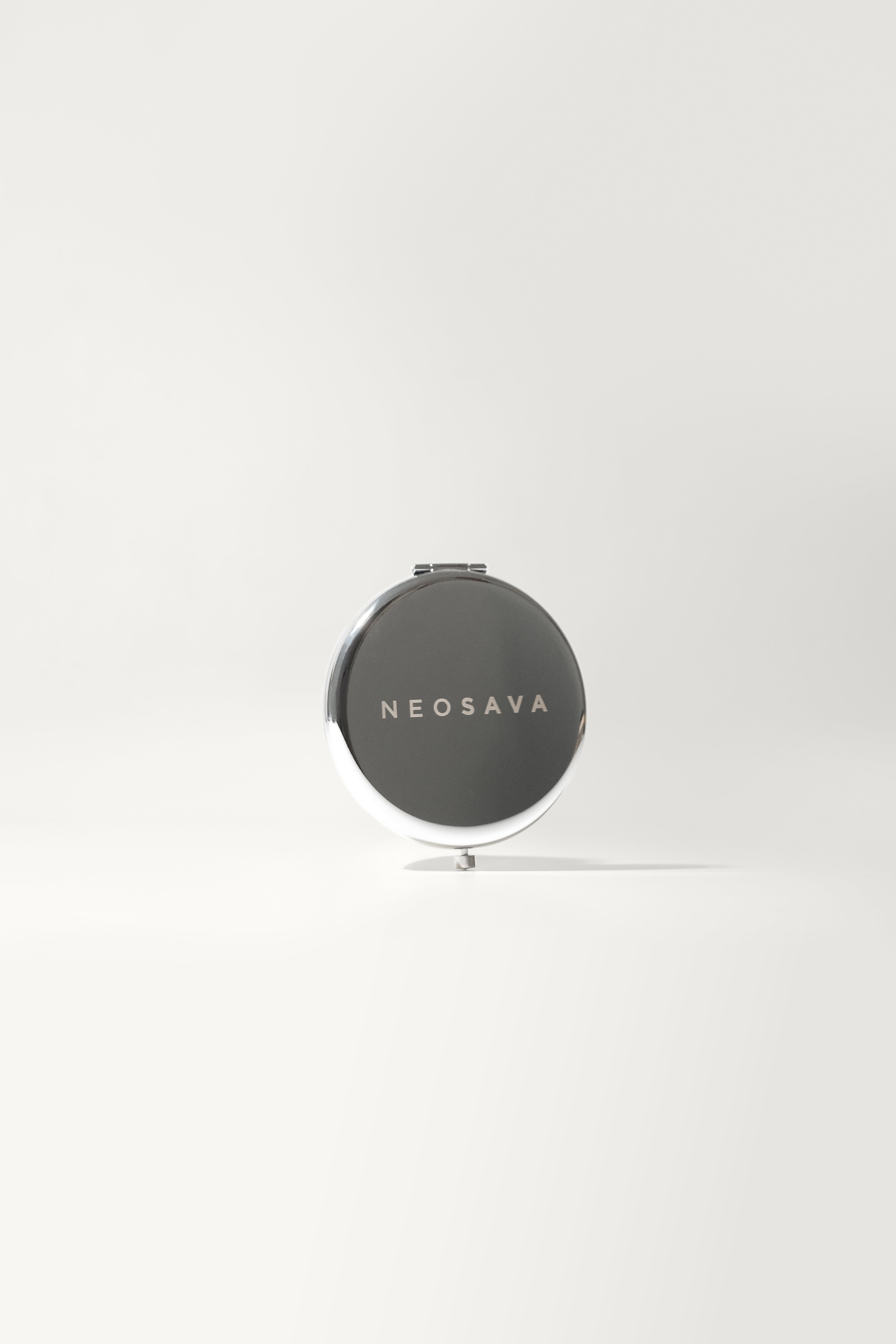 NEOSAVA Silver compact mirror with 1X mirror and 3X magnifying mirror, designed for precise makeup touch-ups, brow detail, lip check, travel kit, handbag pouch, and everyday beauty essentials.