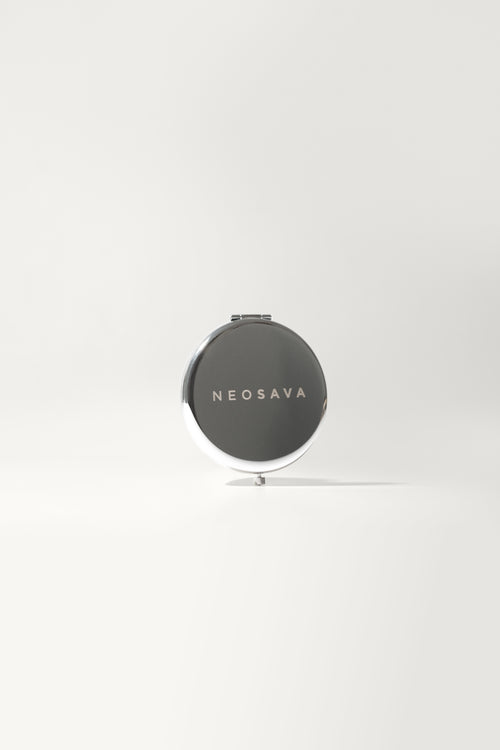 NEOSAVA Silver compact mirror with 1X mirror and 3X magnifying mirror, designed for precise makeup touch-ups, brow detail, lip check, travel kit, handbag pouch, and everyday beauty essentials.