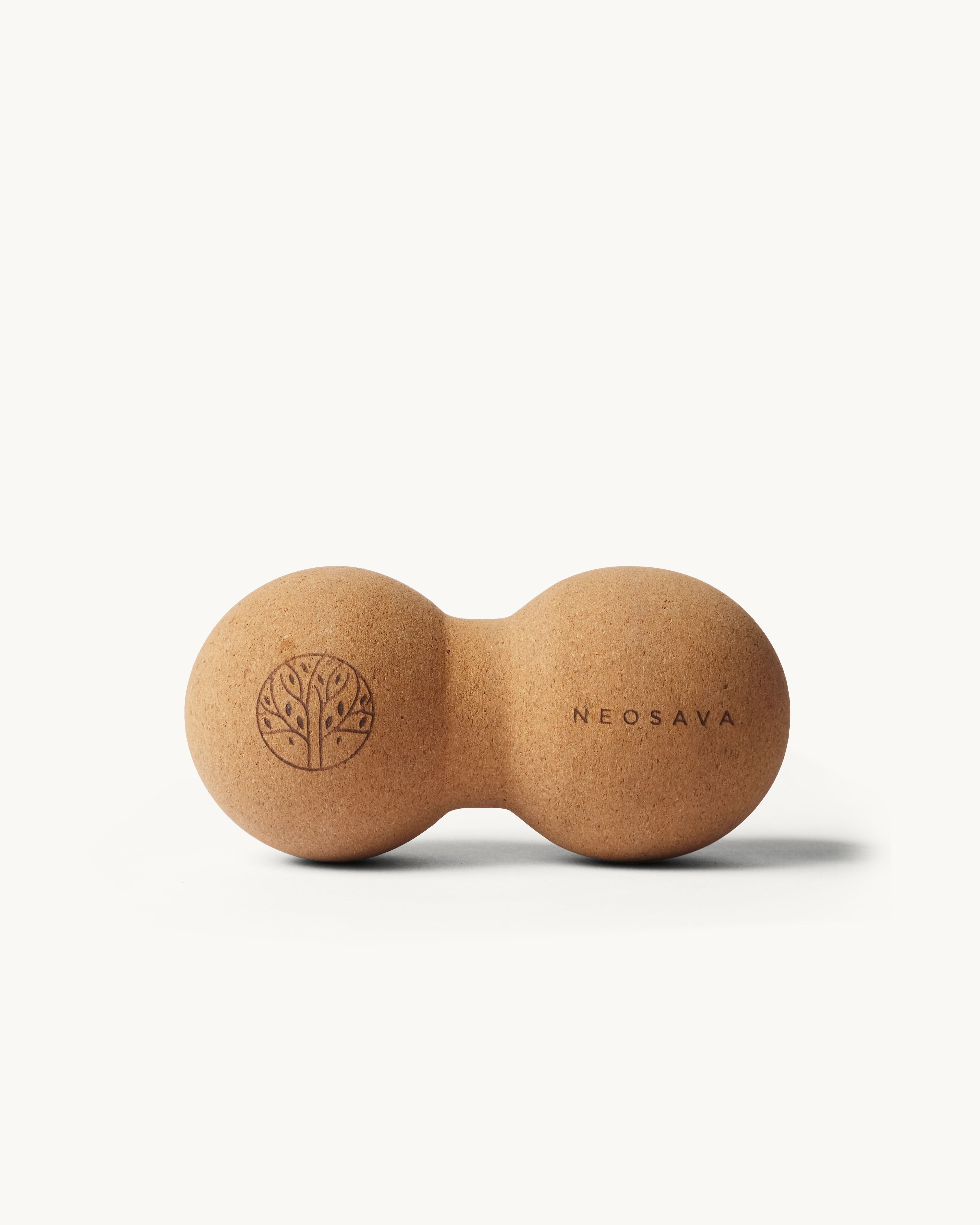 Neosava Cork Peanut Massage Ball with ergonomic peanut shape for deep tissue massage, muscle recovery, back tension release, neck massage, calf relief, shoulder recovery, trigger point therapy, yoga, pilates, home workout, studio practice, travel recovery, and daily wellness rituals.