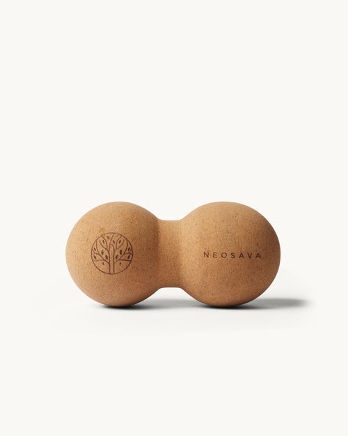 Neosava Cork Peanut Massage Ball with ergonomic peanut shape for deep tissue massage, muscle recovery, back tension release, neck massage, calf relief, shoulder recovery, trigger point therapy, yoga, pilates, home workout, studio practice, travel recovery, and daily wellness rituals.