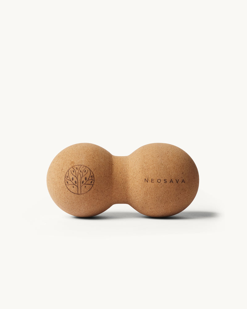 Neosava Cork Peanut Massage Ball with ergonomic peanut shape for deep tissue massage, muscle recovery, back tension release, neck massage, calf relief, shoulder recovery, trigger point therapy, yoga, pilates, home workout, studio practice, travel recovery, and daily wellness rituals.