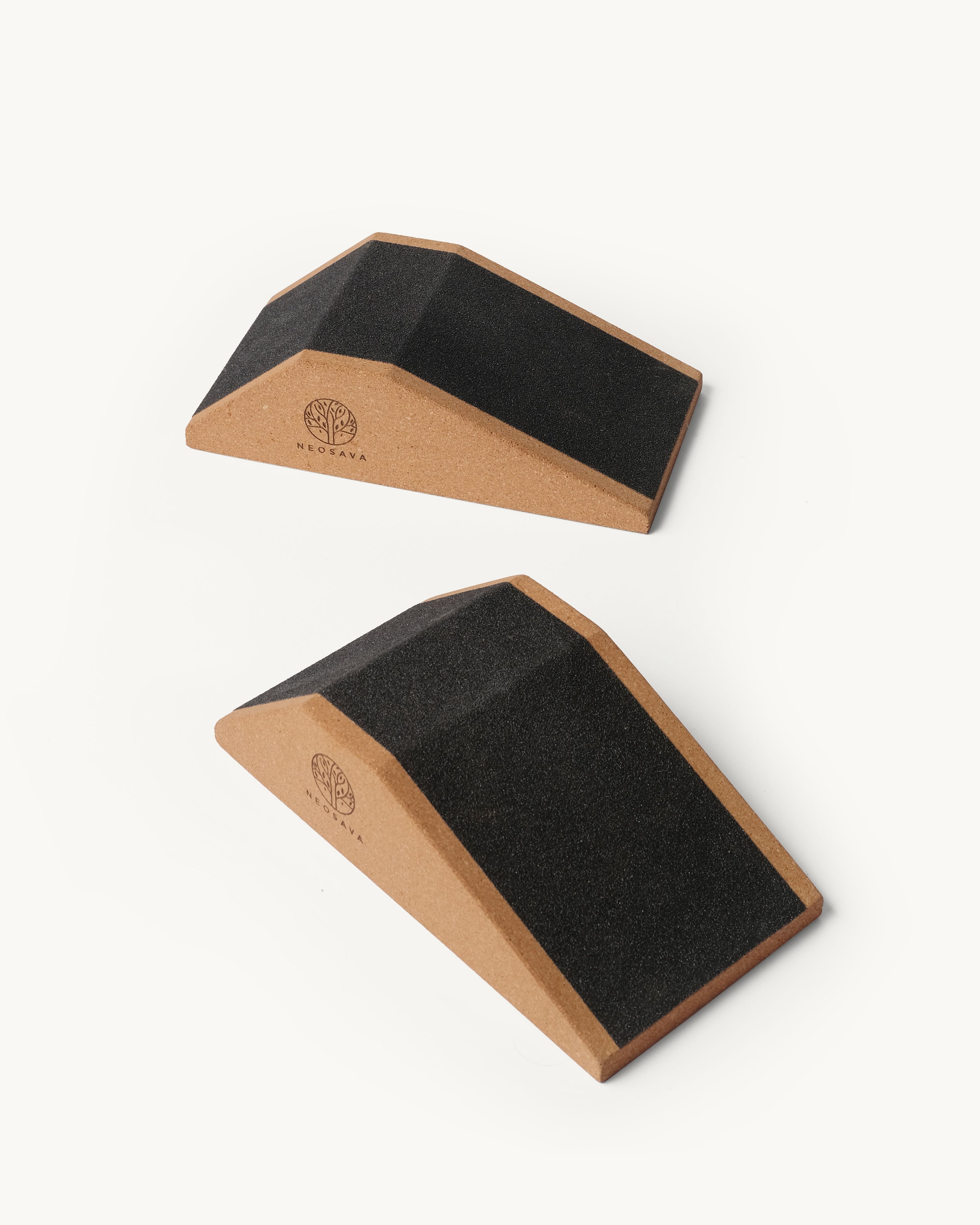 Neosava Cork Squat Wedge Block Set with minimalist premium design for squat support, glute training, hip mobility, ankle flexibility, Achilles stretch, knee alignment, push-up practice, home workout, gym training, and studio fitness.