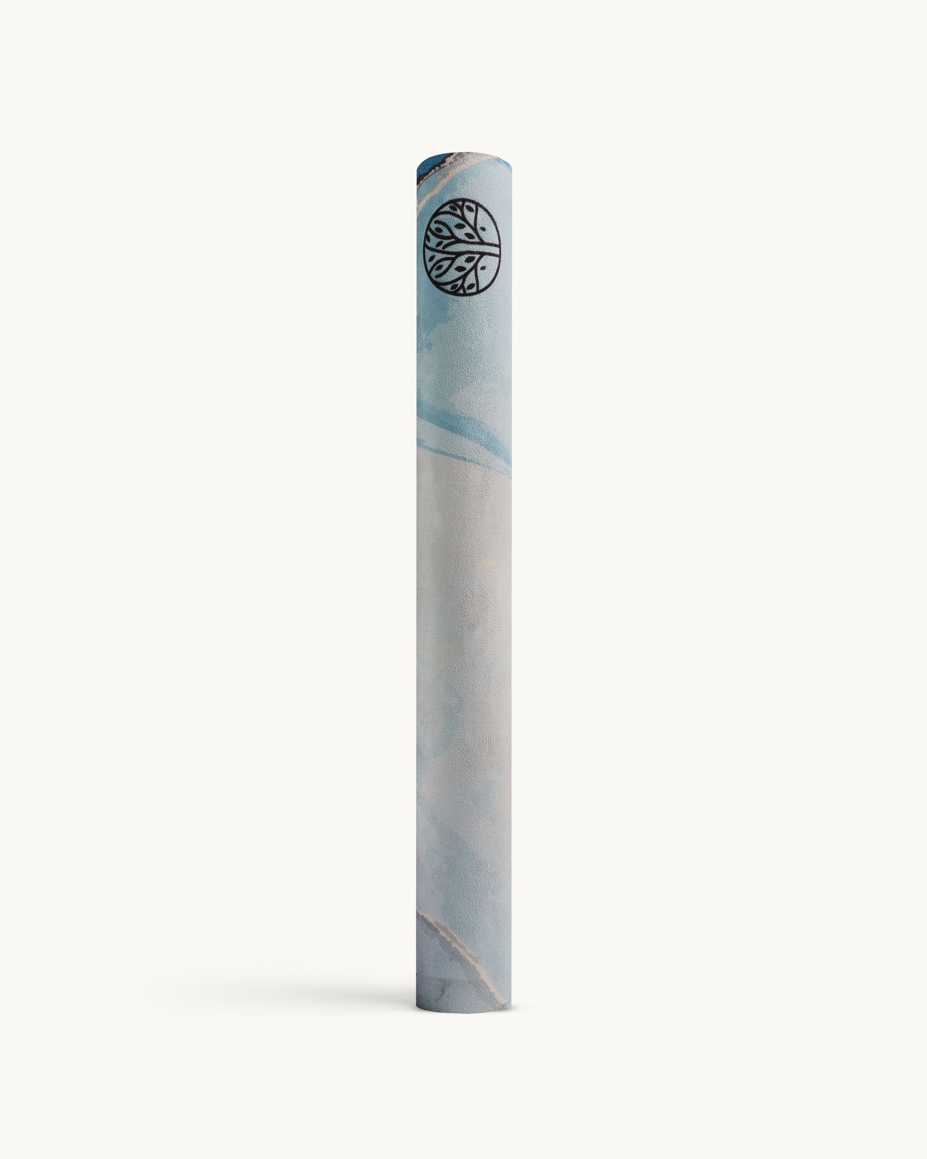 Blue Agate Neosava luxury foldable yoga mat featuring soft blue abstract artwork, ideal for travel yoga, pilates sessions, meditation, and elegant wellness routines on the go.